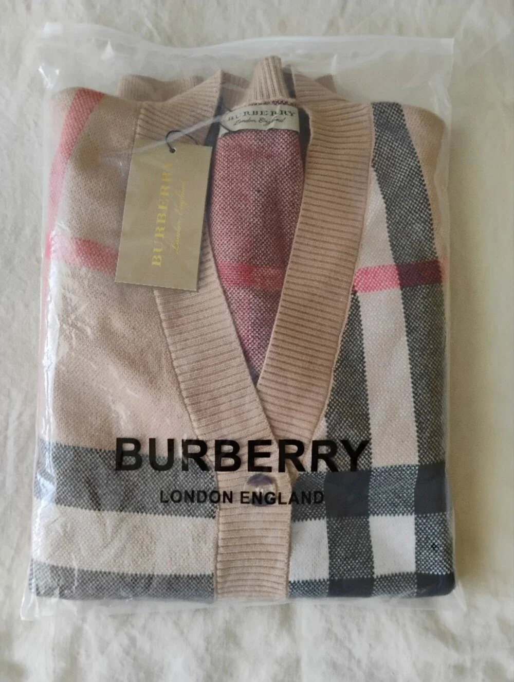Beige Plaid V-Neck Button Cardigan with Red Accents
